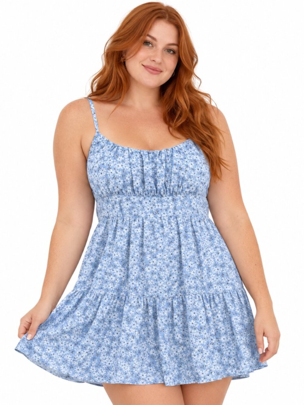 SHEIN L Tiered Floral Smocked Back Fit & Flare Mini Dress (Callout on Strap)